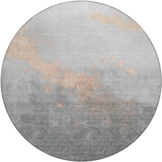 8' Peach And Charcoal Round Abstract Washable Indoor Outdoor Area Rug Photo 1