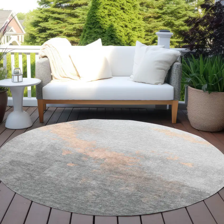 8' Peach And Charcoal Round Abstract Washable Indoor Outdoor Area Rug Photo 5
