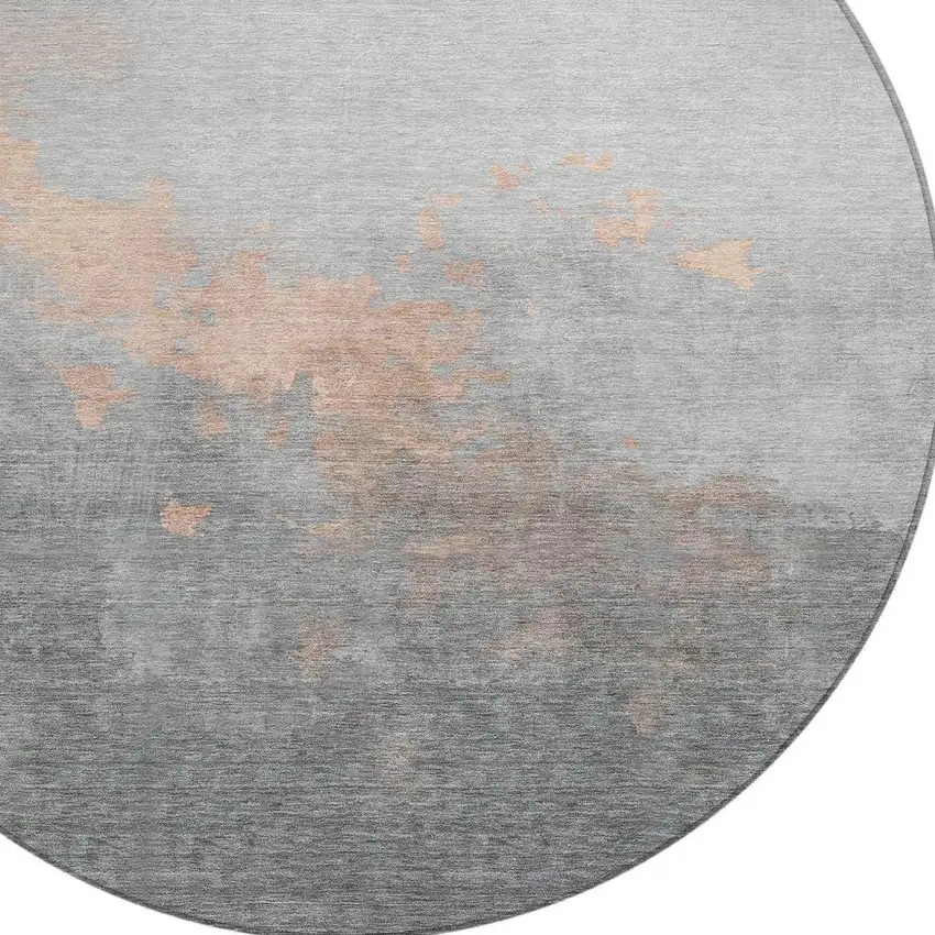 8' Peach And Charcoal Round Abstract Washable Indoor Outdoor Area Rug Photo 4