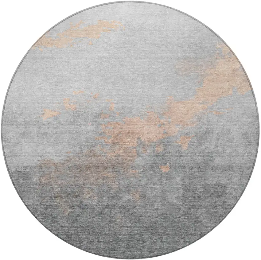 8' Peach And Charcoal Round Abstract Washable Indoor Outdoor Area Rug Photo 3