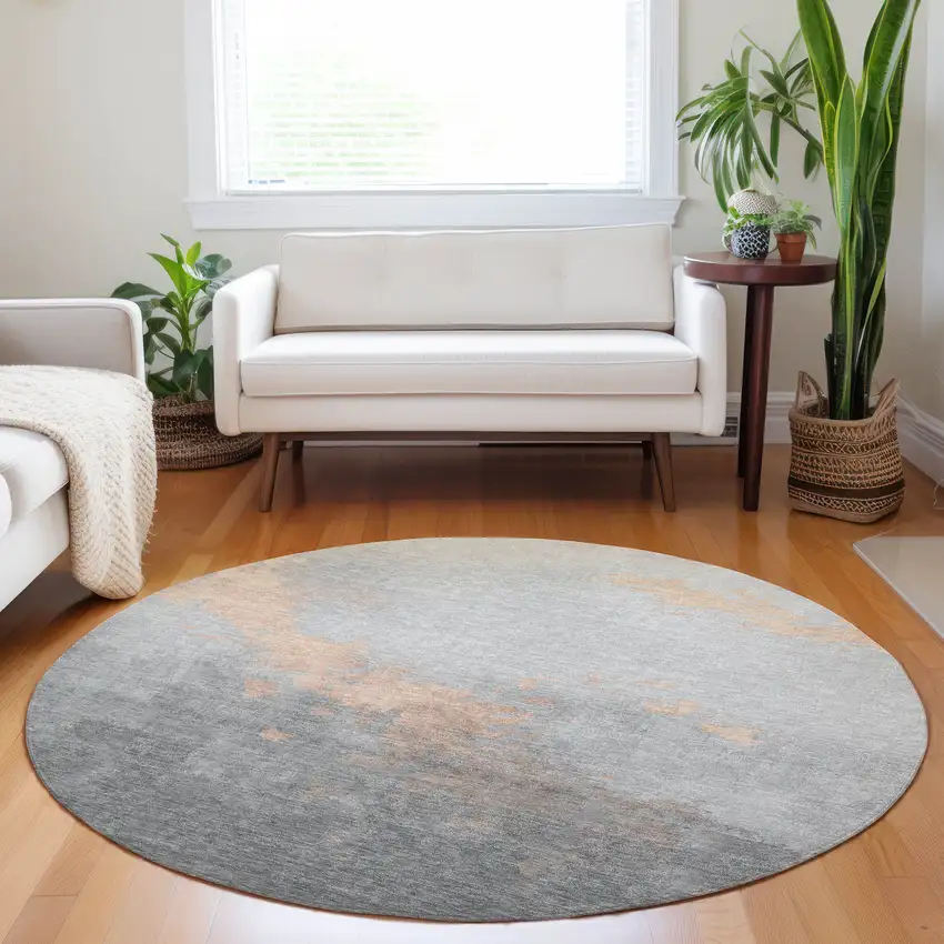 8' Peach And Charcoal Round Abstract Washable Indoor Outdoor Area Rug Photo 6