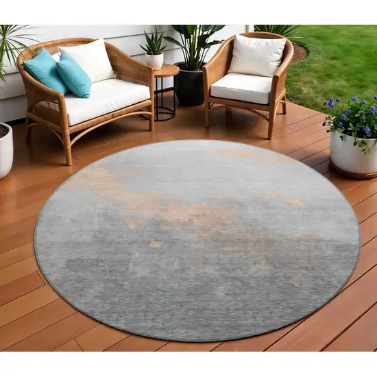 8' Peach And Charcoal Round Abstract Washable Indoor Outdoor Area Rug Photo 2