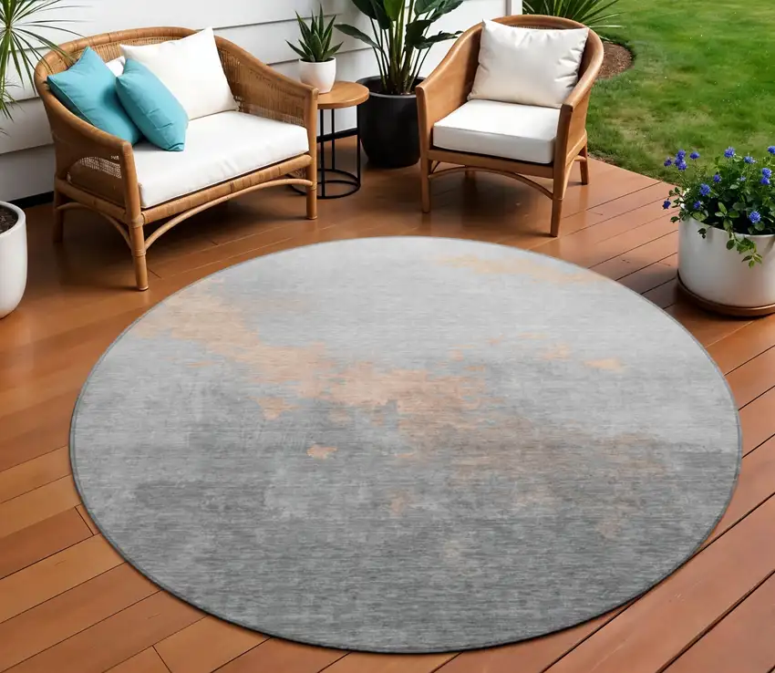 8' Peach And Charcoal Round Abstract Washable Indoor Outdoor Area Rug Photo 2