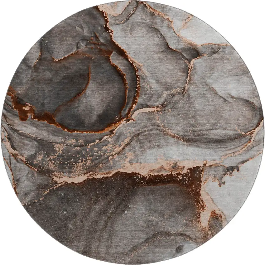 8' Peach And Gray Abstract Washable Round Rug With UV Protection Photo 1