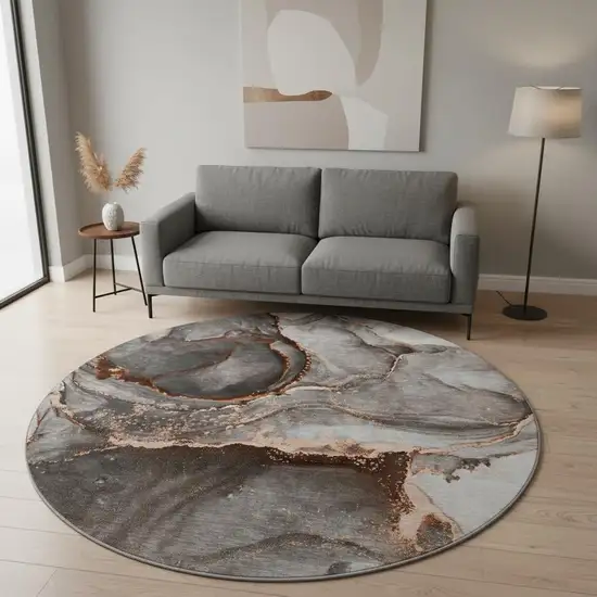 8' Peach And Gray Abstract Washable Round Rug With UV Protection Photo 2