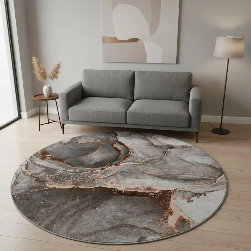 8' Peach And Gray Abstract Washable Round Rug With UV Protection Photo 2