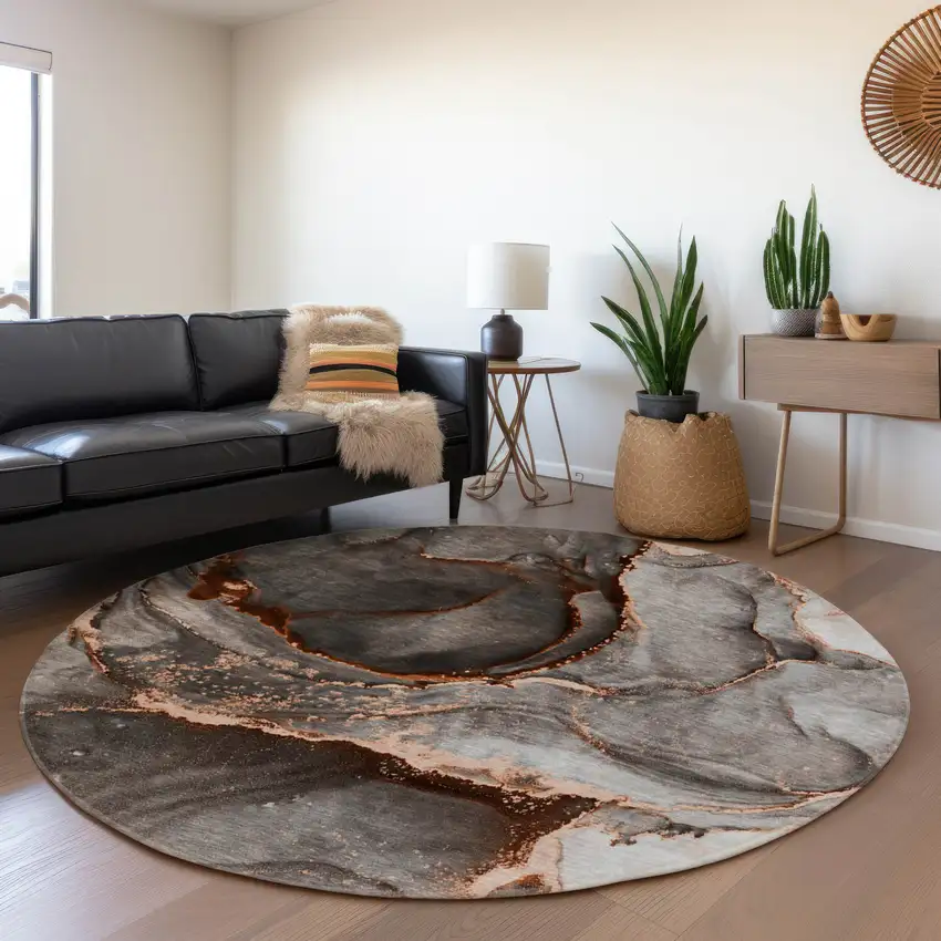 8' Peach And Gray Abstract Washable Round Rug With UV Protection Photo 3