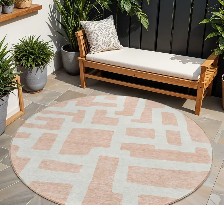8' Peach And Gray Round Abstract Washable Indoor Outdoor Area Rug Photo 1