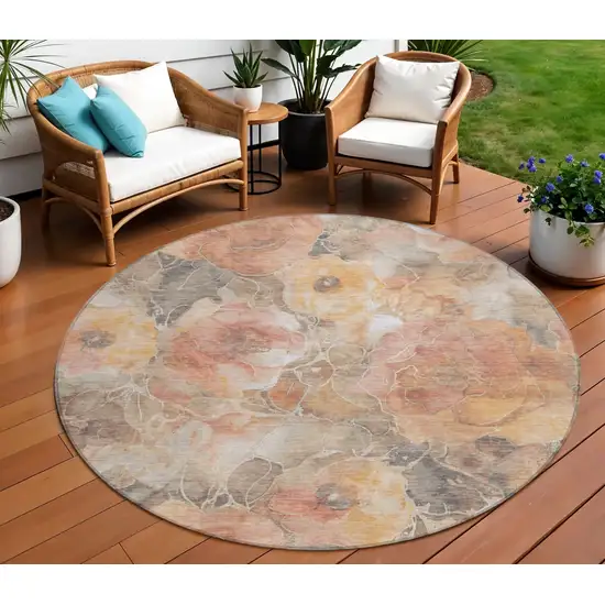 8' Peach And Gray Round Floral Washable Indoor Outdoor Area Rug Photo 2