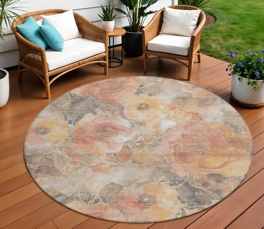 8' Peach And Gray Round Floral Washable Indoor Outdoor Area Rug Photo 2