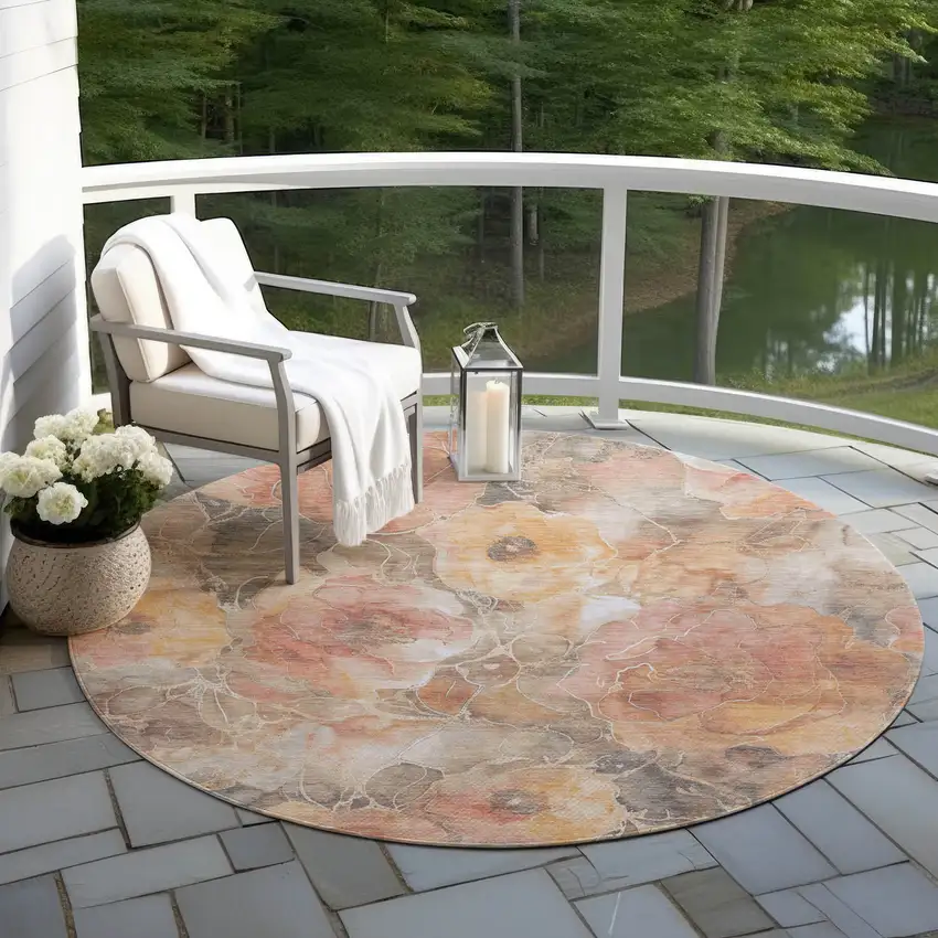 8' Peach And Gray Round Floral Washable Indoor Outdoor Area Rug Photo 6
