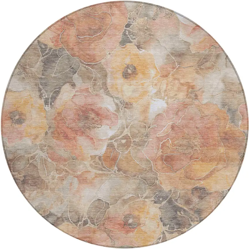 8' Peach And Gray Round Floral Washable Indoor Outdoor Area Rug Photo 1
