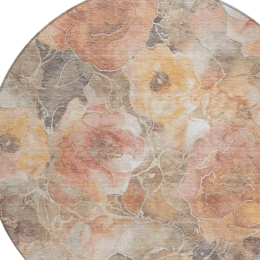 8' Peach And Gray Round Floral Washable Indoor Outdoor Area Rug Photo 4