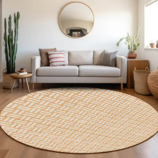 8' Peach And Gray Round Geometric Washable Indoor Outdoor Area Rug Photo 8