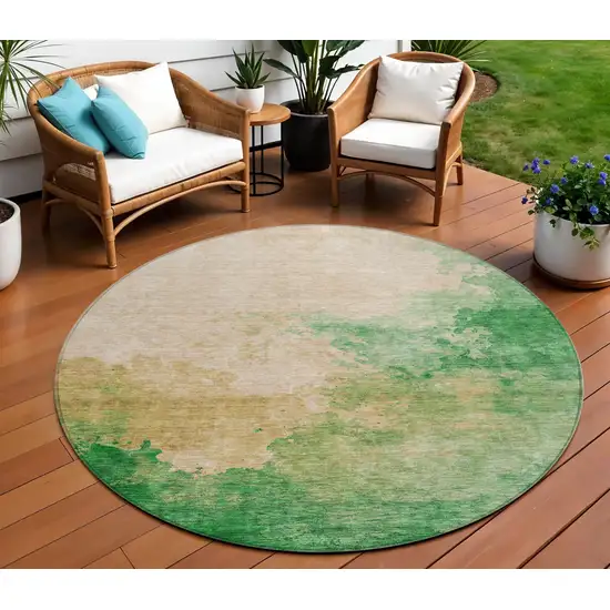 8' Peach And Green Round Abstract Washable Indoor Outdoor Area Rug Photo 1