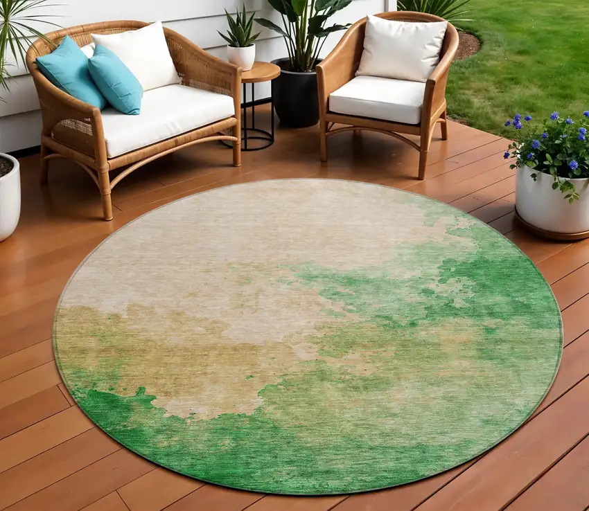 8' Peach And Green Round Abstract Washable Indoor Outdoor Area Rug Photo 1