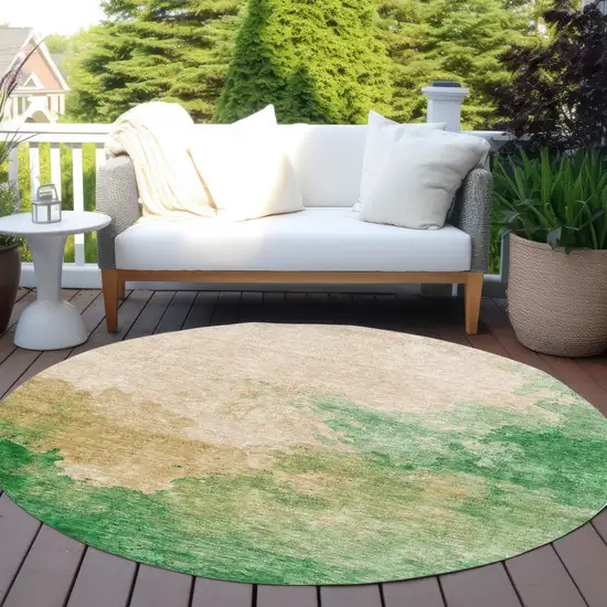 8' Peach And Green Round Abstract Washable Indoor Outdoor Area Rug Photo 7