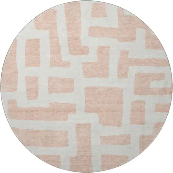 8' Peach And Ivory Abstract Geometric Washable Round Rug With UV Protection Photo 4