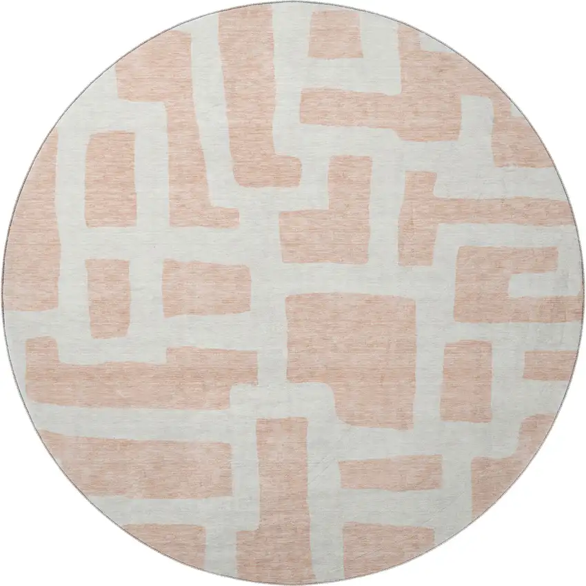 8' Peach And Ivory Abstract Geometric Washable Round Rug With UV Protection Photo 4