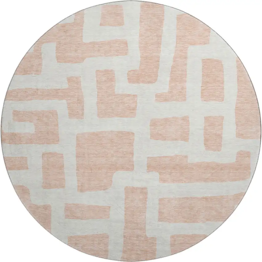 8' Peach And Ivory Abstract Geometric Washable Round Rug With UV Protection Photo 1