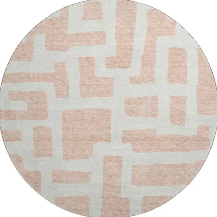 8' Peach And Ivory Abstract Geometric Washable Round Rug With UV Protection Photo 3