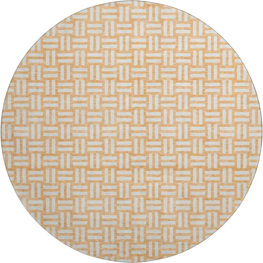 8' Peach And Ivory Abstract Geometric Washable Round Rug With UV Protection Photo 1