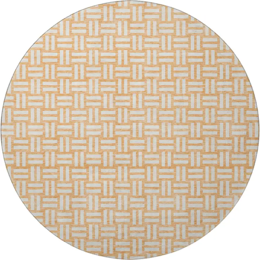 8' Peach And Ivory Abstract Geometric Washable Round Rug With UV Protection Photo 3