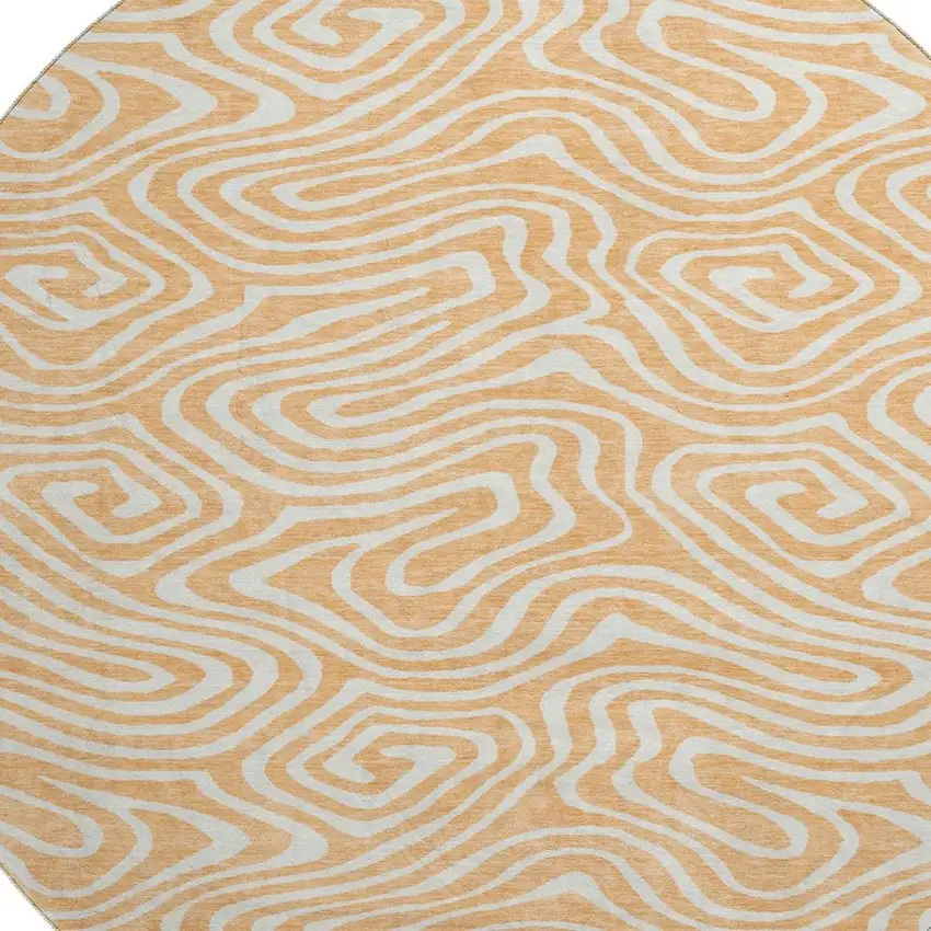 8' Peach And Ivory Abstract Washable Round Rug With UV Protection Photo 2