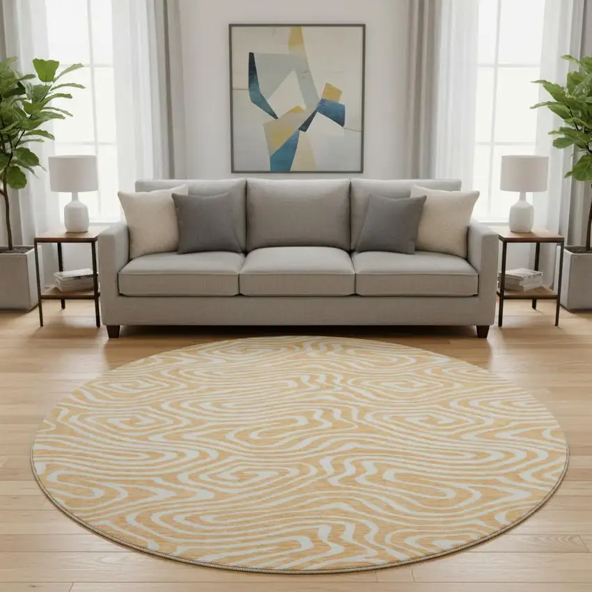 8' Peach And Ivory Abstract Washable Round Rug With UV Protection Photo 2