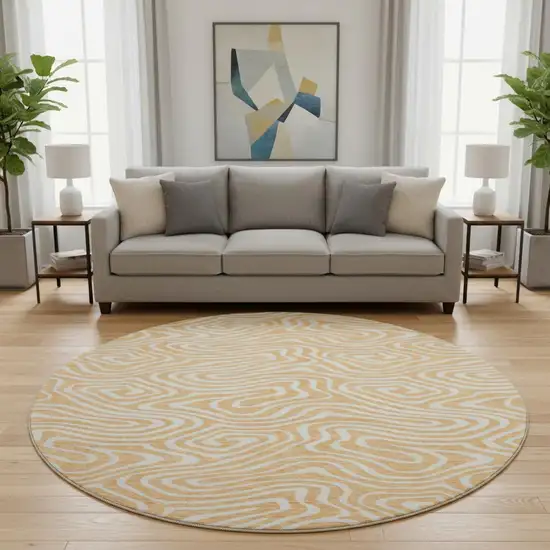 8' Peach And Ivory Abstract Washable Round Rug With UV Protection Photo 2