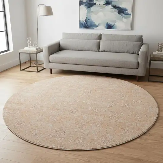 8' Peach And Ivory Floral Washable Round Rug With UV Protection Photo 2