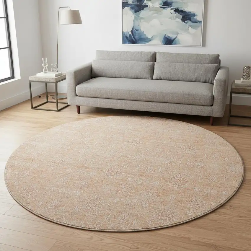 8' Peach And Ivory Floral Washable Round Rug With UV Protection Photo 2