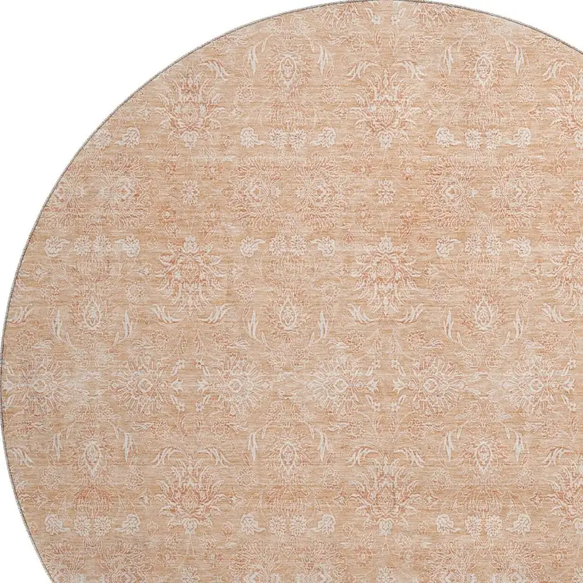 8' Peach And Ivory Floral Washable Round Rug With UV Protection Photo 4