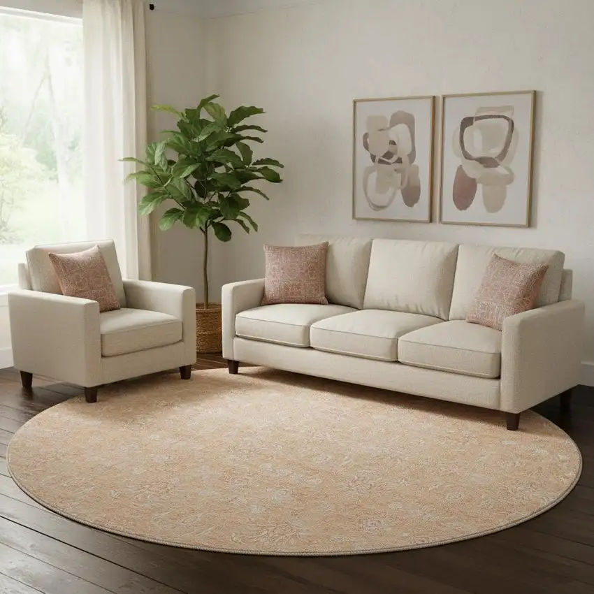 8' Peach And Ivory Floral Washable Round Rug With UV Protection Photo 1