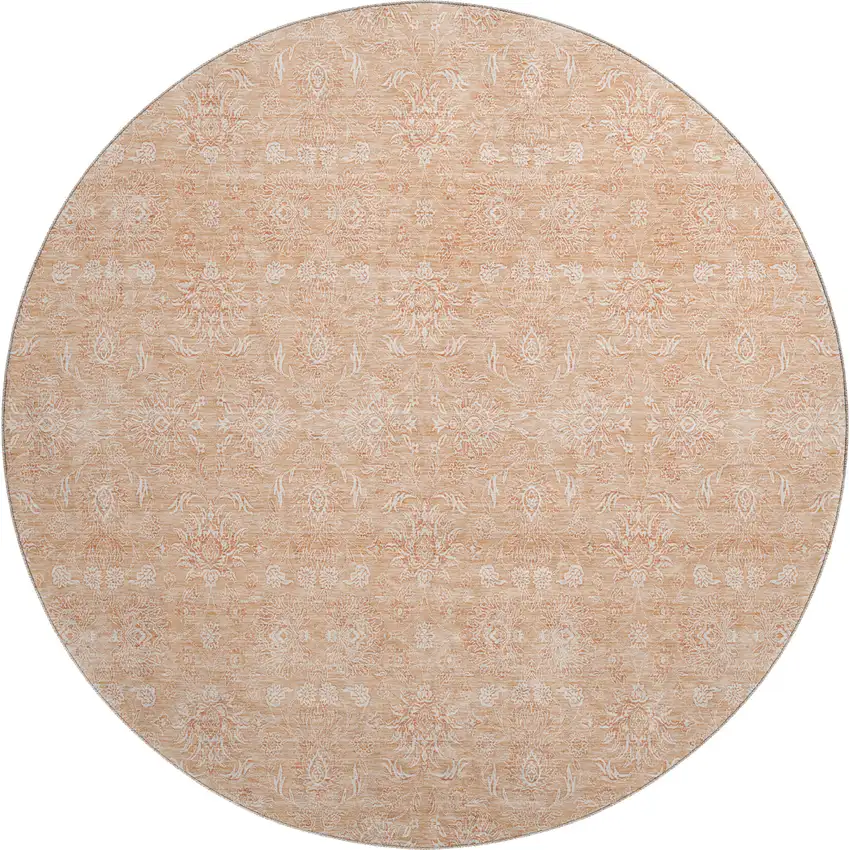 8' Peach And Ivory Floral Washable Round Rug With UV Protection Photo 1