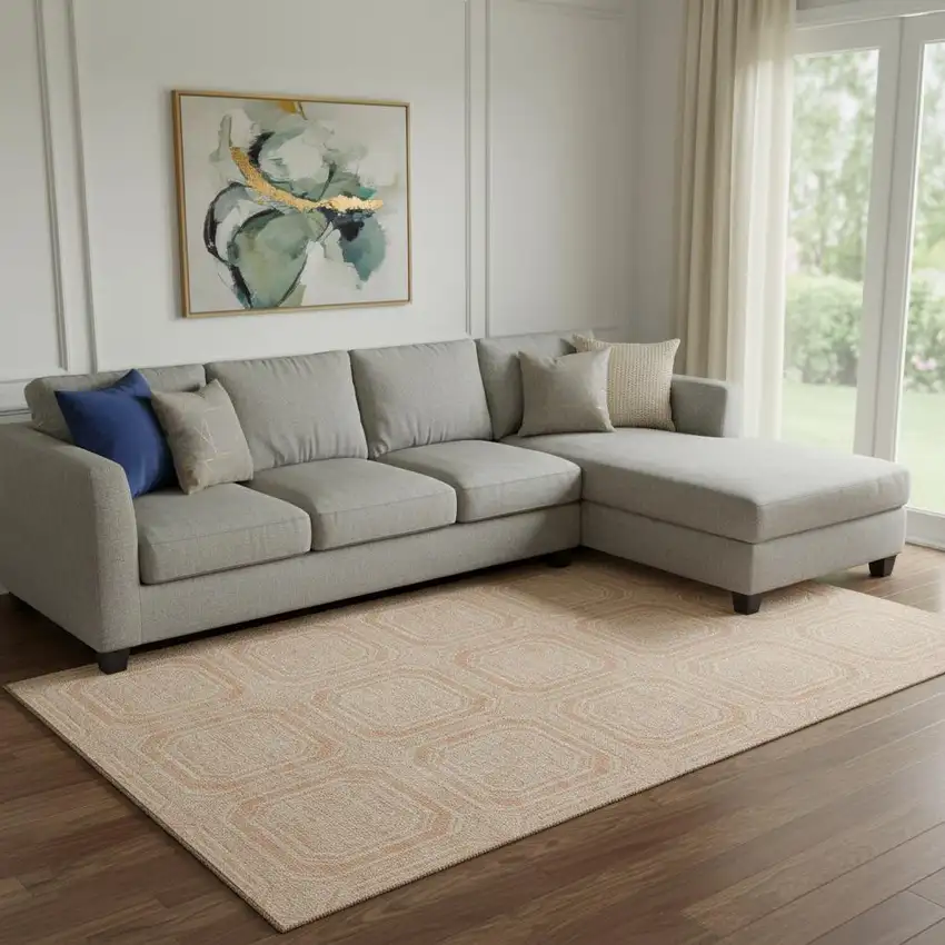 8' Peach And Ivory Geometric Washable Area Rug With UV Protection Photo 2