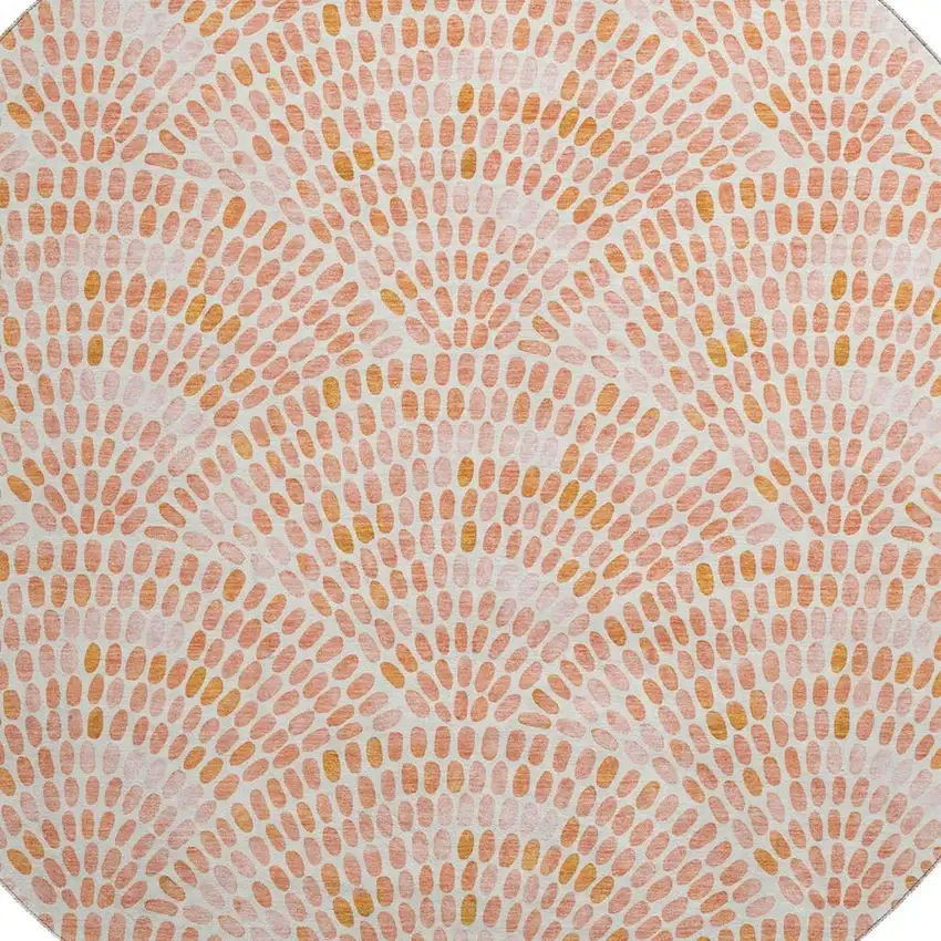 8' Peach And Ivory Geometric Washable Round Rug With UV Protection Photo 3