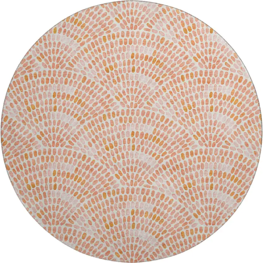 8' Peach And Ivory Geometric Washable Round Rug With UV Protection Photo 1