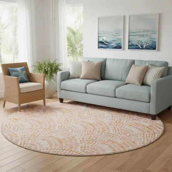8' Peach And Ivory Geometric Washable Round Rug With UV Protection Photo 1