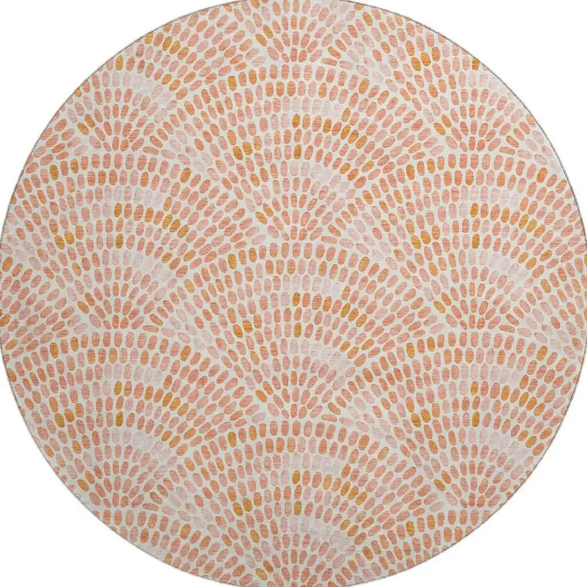8' Peach And Ivory Geometric Washable Round Rug With UV Protection Photo 4