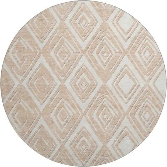 8' Peach And Ivory Geometric Washable Round Rug With UV Protection Photo 2