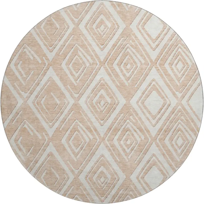 8' Peach And Ivory Geometric Washable Round Rug With UV Protection Photo 2