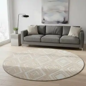 Photo of 8' Peach And Ivory Geometric Washable Round Rug With UV Protection