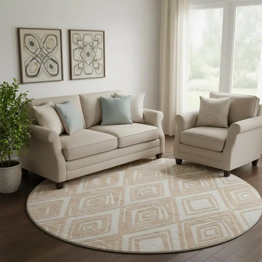 8' Peach And Ivory Geometric Washable Round Rug With UV Protection Photo 1