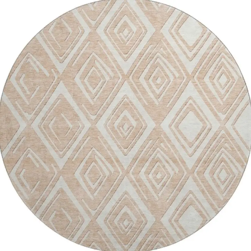 8' Peach And Ivory Geometric Washable Round Rug With UV Protection Photo 5