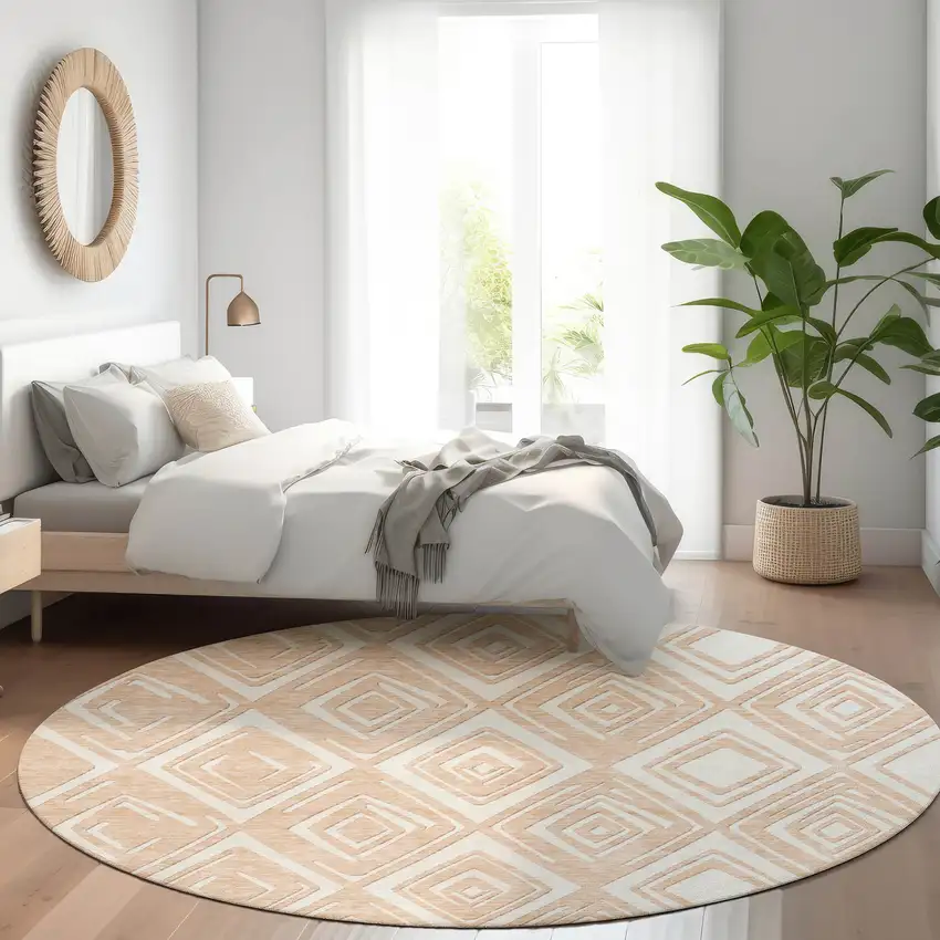 8' Peach And Ivory Geometric Washable Round Rug With UV Protection Photo 6