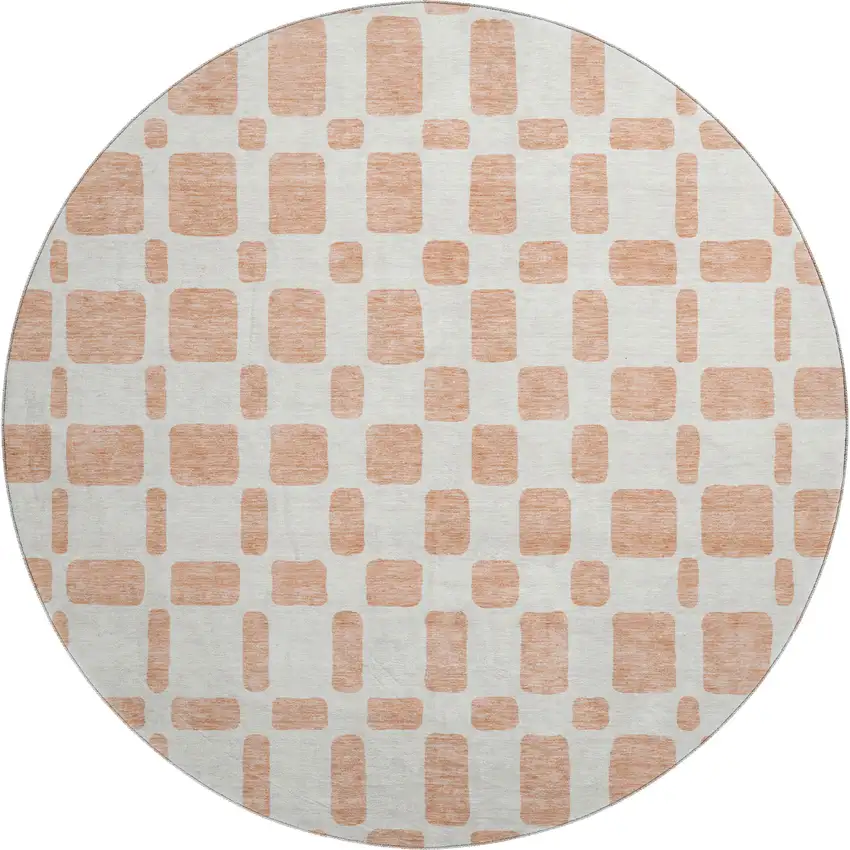 8' Peach And Ivory Geometric Washable Round Rug With UV Protection Photo 1