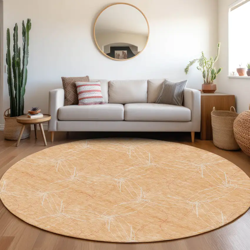 8' Peach And Ivory Geometric Washable Round Rug With UV Protection Photo 4