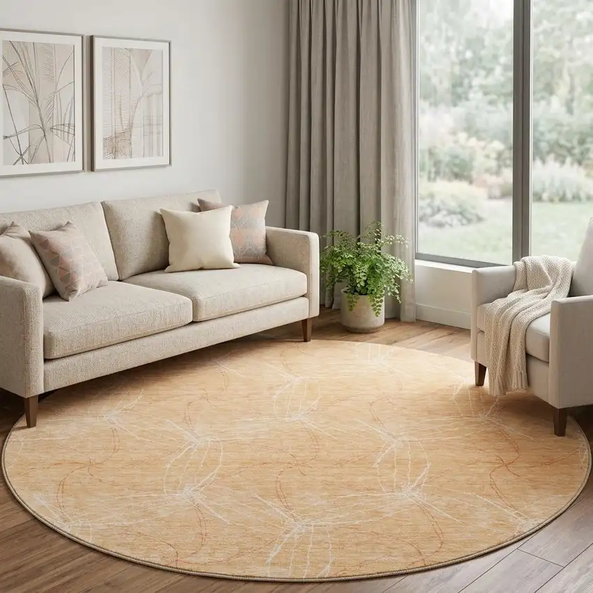 8' Peach And Ivory Geometric Washable Round Rug With UV Protection Photo 1