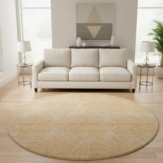 8' Peach And Ivory Geometric Washable Round Rug With UV Protection Photo 2